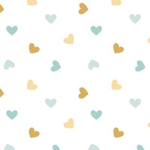 Small Pastel Hearts Tossed in Mint Blue Yellow Gold