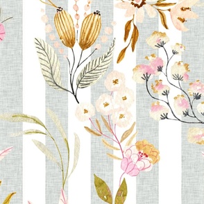 24” Haley Floral (silver linen 2" vertical stripe) Lovely Watercolor Flowers Pink Blush Silver Gold, 24” repeat GL-HF3