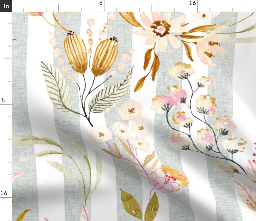 24” Haley Floral (silver linen 2" vertical stripe) Lovely Watercolor Flowers Pink Blush Silver Gold, 24” repeat GL-HF3