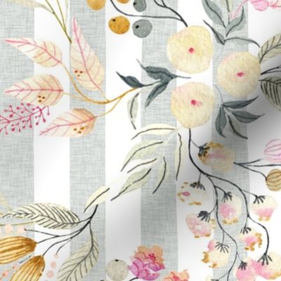 12” Haley Floral (silver linen 1" vertical stripe) Lovely Watercolor Flowers Pink Blush Silver Gold, 12” repeat GL-HF4