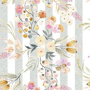 12” Haley Floral (silver linen 1" vertical stripe) Lovely Watercolor Flowers Pink Blush Silver Gold, 12” repeat GL-HF4