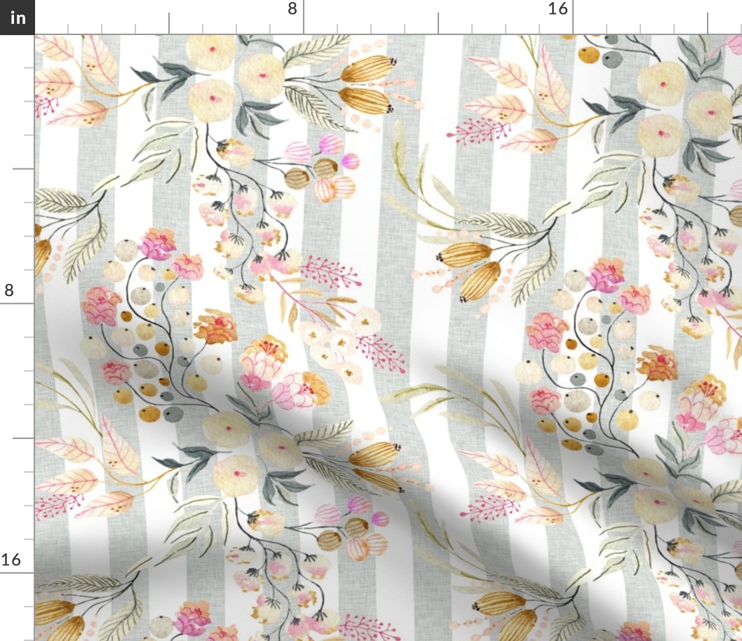 12” Haley Floral (silver linen 1" vertical stripe) Lovely Watercolor Flowers Pink Blush Silver Gold, 12” repeat GL-HF4