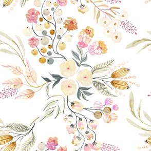 24” Haley Floral – Lovely Watercolor Flowers Pink Blush Silver Gold, 24” repeat GL-HF4