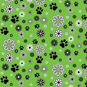 Groovy Pup,  retro ,flowers, green, black, paw prints