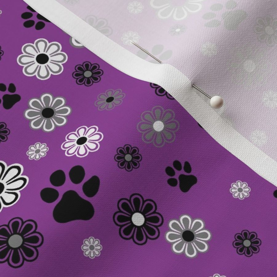 Groovy Pup,  retro ,flowers, purple, black, paw prints