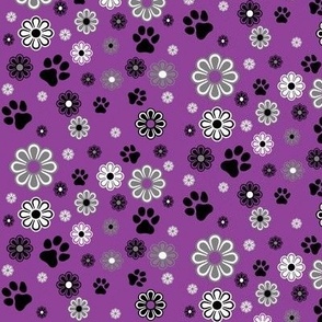 Groovy Pup,  retro ,flowers, purple, black, paw prints