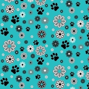 Groovy Pup,  retro ,flowers,  Turquoise, black, paw prints
