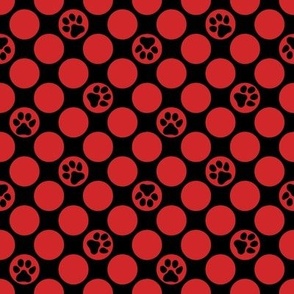 Dog , paw print , polka dots, red,black