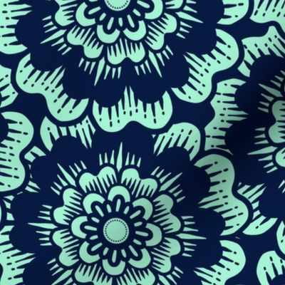Bold Overlapping Folk Floral - block print style - mint and midnight blue - large