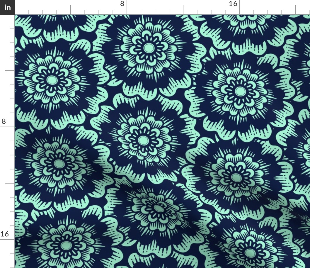 Bold Overlapping Folk Floral - block print style - mint and midnight blue - large