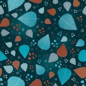 Floral Turquoise Blue Orange Leaves and Dots