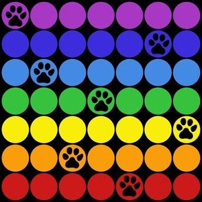 Rainbow dots with black paw  prints on black