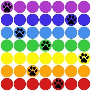 Rainbow dots with black paw  prints on white