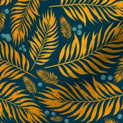 Mustard Palm Leaves and Blueberries with Blue Background