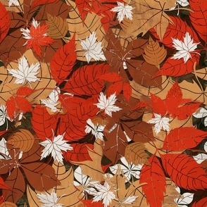 Floral Autumnal Brown Red Leaves and Retro Boho Plants