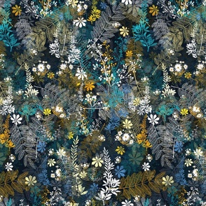Exotic Floral Pattern Garden in Blue and Golden Tones