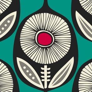 Georgie Mod Scandinavian Folk Flower Ogee (Aqua Grey Red) - Large