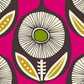 Georgie Mod Scandinavian Folk Flower Ogee (Pink Green Yellow Grey) - Large