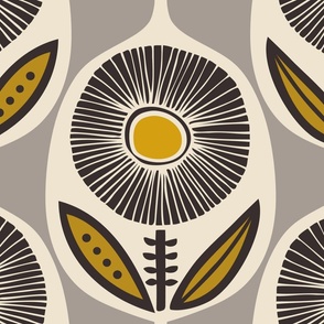 Georgie Mod Scandinavian Folk Flower Ogee (Grey Yellow Black) - Large