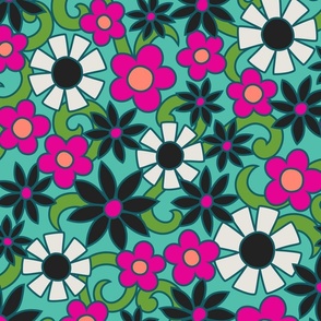 Heather Hippie Flower Power (Black White Pink Aqua) - Large