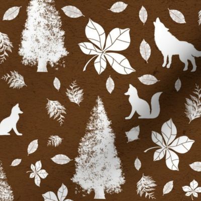 White Wolf Fox Pine Tree Leaves Brown Background