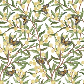 Australian yellow wattle repeat design with butterflies on white