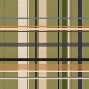 green plaid with black, beige, brown, white, teal blue green lines