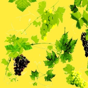 raisin et feuilles de vigne sur fond jaune