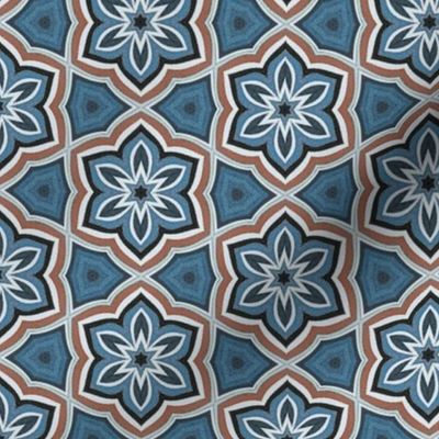 Medallion Flowers, Go with the flow. Shades of blue, brick red, tessellating, interlocking