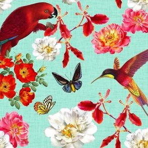 Fancy liaison of roses, birds and butterflies - mint