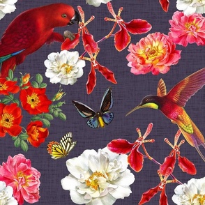 Fancy liaison of roses, birds and butterflies with aubergine backround
