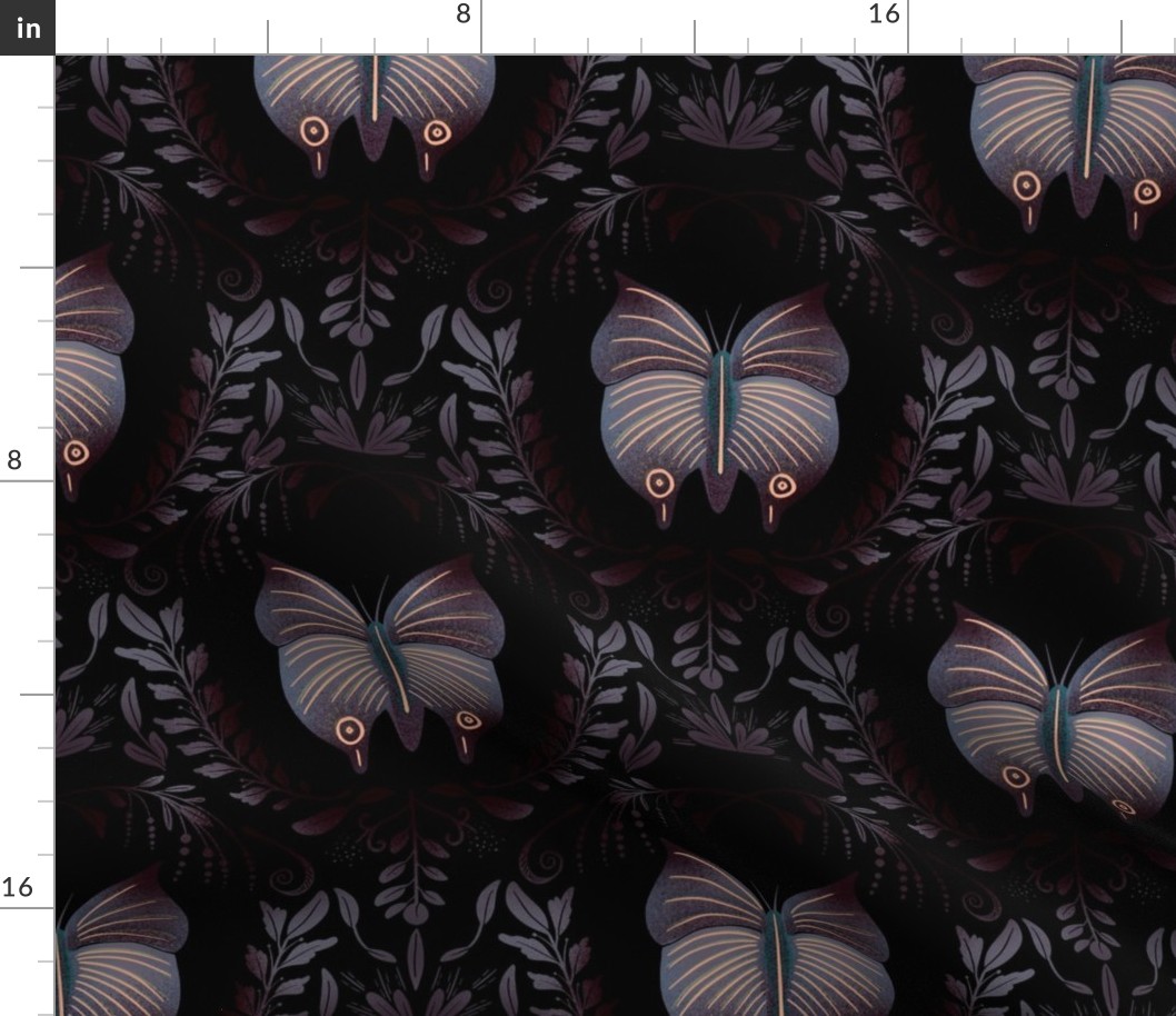 Magic Butterfly dark purple blue black damask wallpaper fabric goth amazing 