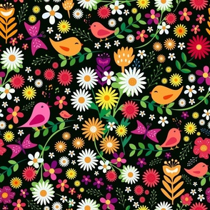 Bright Colorful Floral with Birds