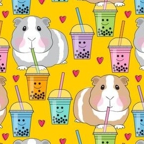 large guinea pigs and boba tea on yellow