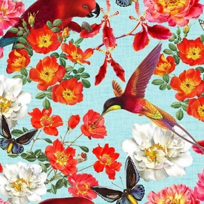 Quixotic liaison of roses, birds and butterflies with light blue backround
