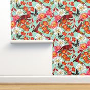 Quixotic liaison of roses, birds and butterflies with mint backround