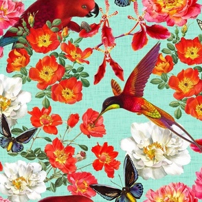 Quixotic liaison of roses, birds and butterflies with mint backround
