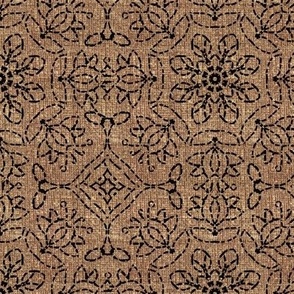 Black Kaleidoscope Embroidery on Brown Linen Look