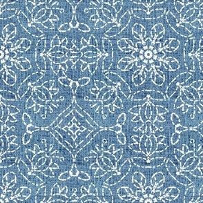 White Kaleidoscope Embroidery on Blue Linen Look