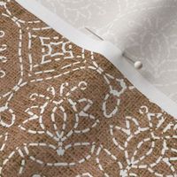 White Kaleidoscope Embroidery on Cocoa Brown Linen Look