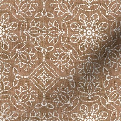 White Kaleidoscope Embroidery on Cocoa Brown Linen Look