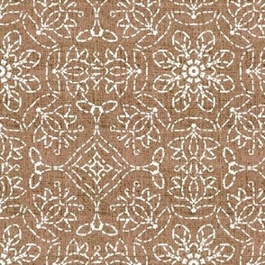 White Kaleidoscope Embroidery on Cocoa Brown Linen Look