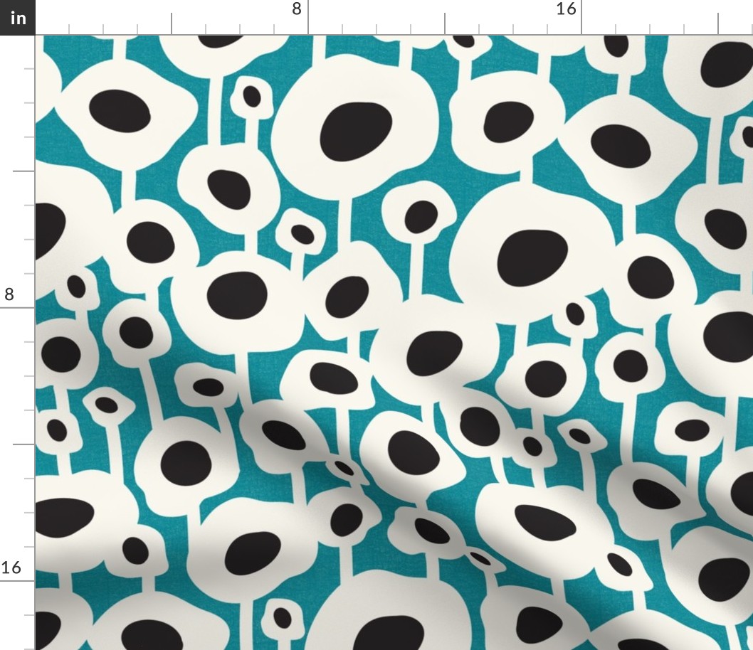 Poppy Dot - Graphic Floral Dot Teal Black Large Scale