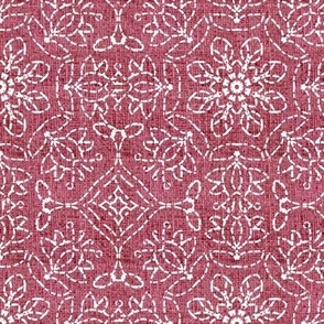 White Kaleidoscope Embroidery on Raspberry Pink Linen Look