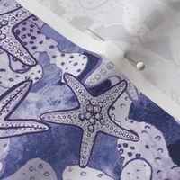 Periwinkle starfish and seashell coral reef watercolour fabric