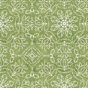 White Kaleidoscope Embroidery on Asparagus Green Linen Look