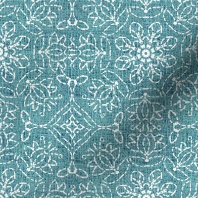 White Kaleidoscope Embroidery on Turquoise Linen Look