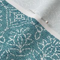 White Kaleidoscope Embroidery on Turquoise Linen Look