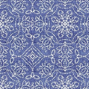 White Kaleidoscope Embroidery on Dark Blue Linen Look
