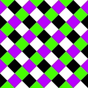 Harley Quinn style purple bright green black and white rhombuses